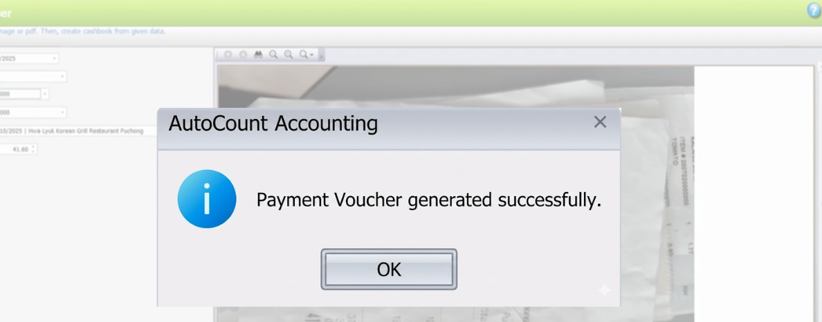 AutoCount AI receipt scanner for SMEs showing payment voucher generated results.
